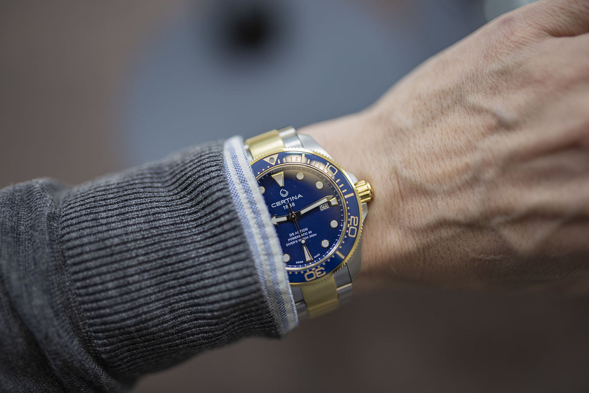 Certina DS Action Diver 43mm in steel gold and blue dial.