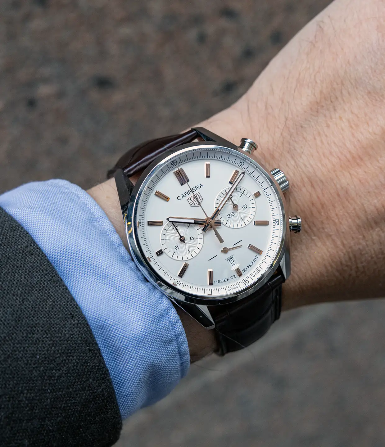 The TAG Heuer Chronograph on the wrist.